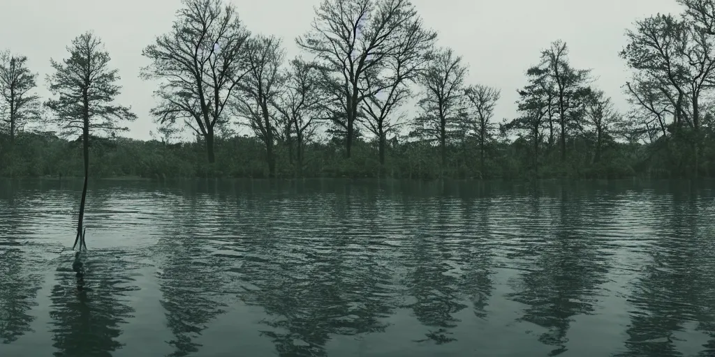 Prompt: centered photograph of a long rope snaking across the surface of the water, stretching out towards the center of the lake, a dark lake on a cloudy day, trees in the background, anamorphic lens