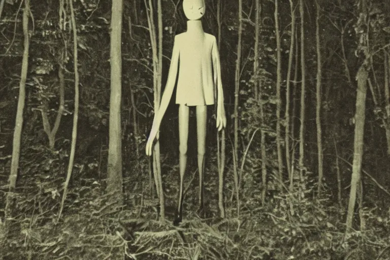 Image similar to 1975 photo of slenderman in the forest, night, detailed