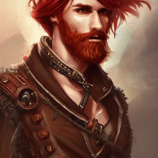 Image similar to rugged ship captain, male, handsome, red hair, long hair, handsome, fantasy, intricate, elegant, highly detailed, piercing eyes, steampunk, digital painting, artstation, concept art, character art, smooth, sharp focus, illustration, art by artgerm