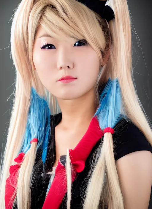 Prompt: a film still of junko enoshima, a japanese gyaru model with thick blonde pigtails, blue eyes, and gyaru fashion, villianess, fashion photography