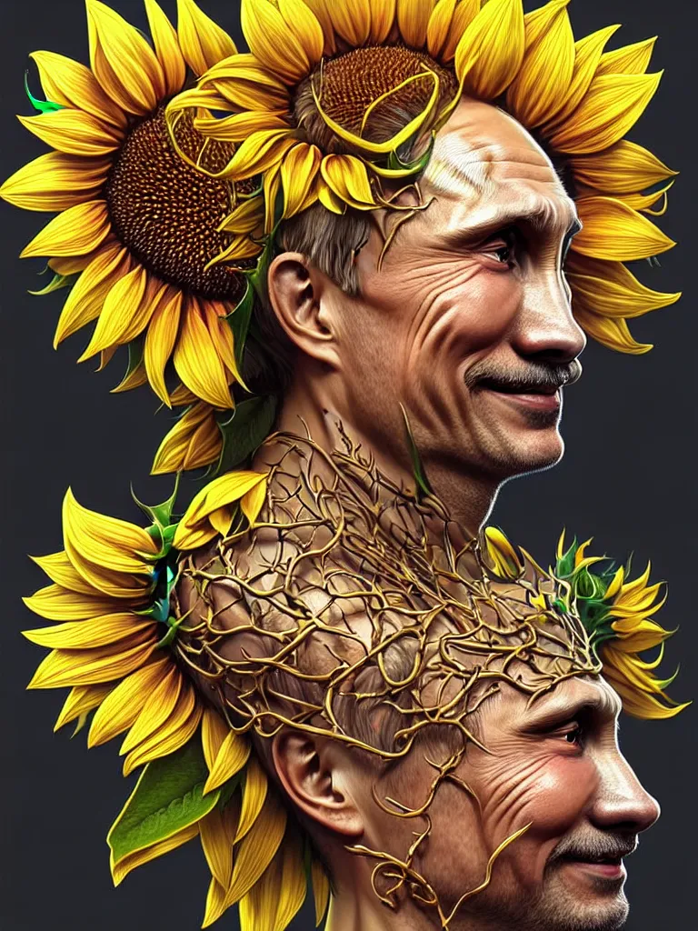 Image similar to digital art, centered full body of Putin smiling king, Sunflower crown, ,intricate, veins, by James Jean and by artgerm , by ross tran ultradetailed, charachter design, concept art, trending on artstation,