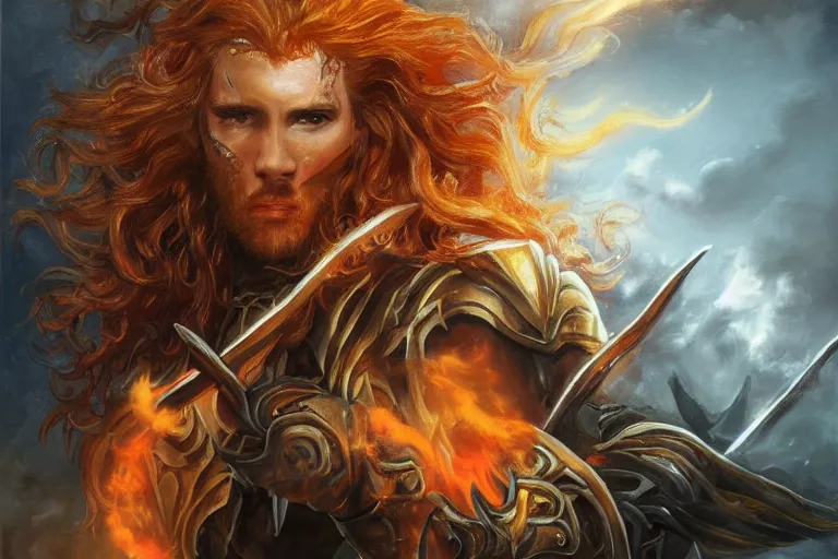 Prompt: a beautiful prince Lucius warrior with long curly blond hair brutally destroys his enemies on the battlefield, wrath flame and ruin, oil painting, trending on artstation