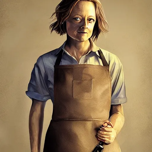 Image similar to portrait of jodie foster dressed an apron dress, carrying a shotgun, apocalypse, sharp focus, illustration, highly detailed, digital painting, concept art, art by wlop and greg cinematic lighting