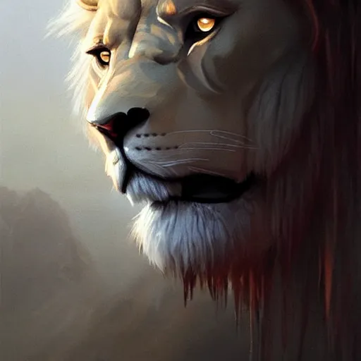 Image similar to commission of a male anthropomorphic albino lion holding a sword,digital art,art by greg rutkowski,trevor henderson,ross tran,photorealistic,hyperdetailes,highly realistic,natural lighting,deviantart,artstation,dramatic,cinematic,4k,western comic style,the sky is red,sharp lineart,hard shadows
