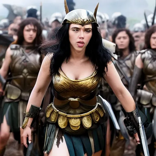 Image similar to black haired scarlett johansson as the greek goddess athena, leading an army in a battle, scene from live action movie