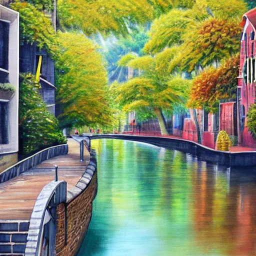 Prompt: Peaceful canal in beautiful city of the future in harmony with nature. Nice colour scheme, soft warm colour. Beautiful detailed painting by Lurid. (2022)