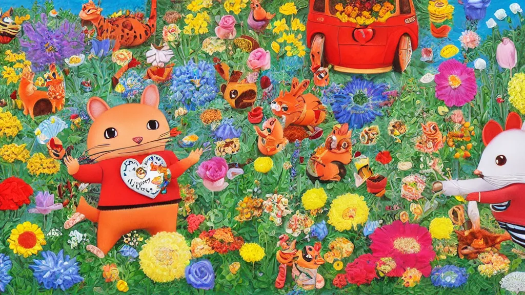 Image similar to highly detailed richard scarry oil painting of a heart surrounded by all the known species of flowers