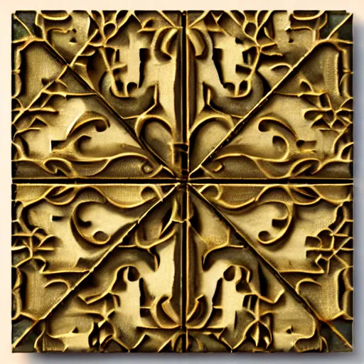 Image similar to 3d render of an abstract medieval pattern gold tile, symetrical