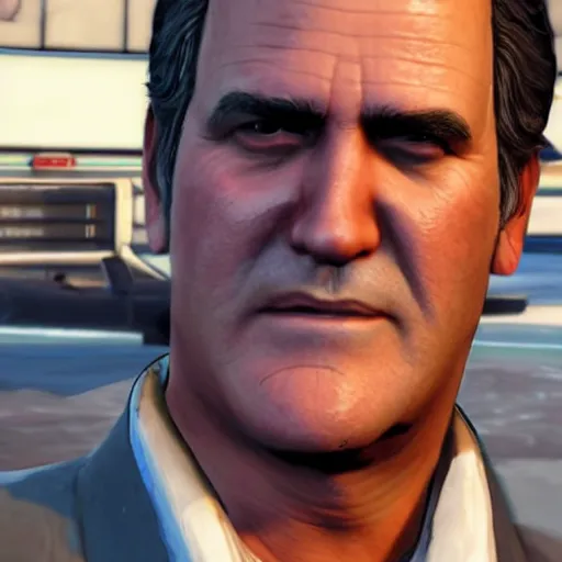 Image similar to a screenshot of bruce campbell in gta 5. 3 d rendering. unreal engine. amazing likeness. very detailed. cartoon caricature