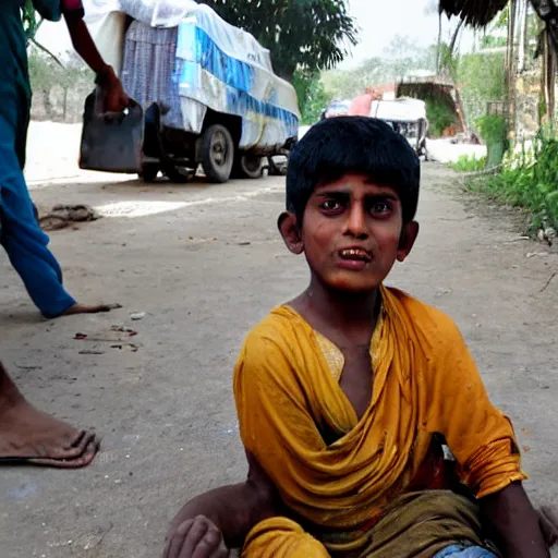 Prompt: An indian boy with his leg broken on a little cart thingy