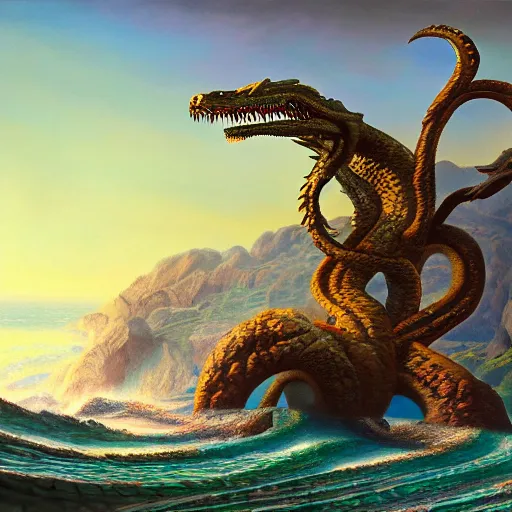 Image similar to a painting of a mythical hydra on lsd by james gurney, 8k unreal engine