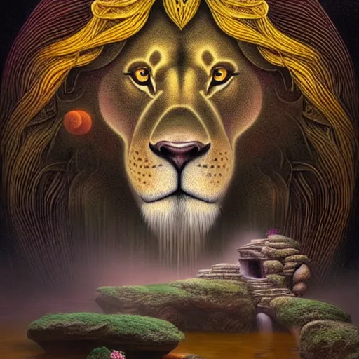 Image similar to an anthromorphic lion meditating in a zen garden with a waterfall under the blood moon, by Adi granov and afarin sajedi and amanda sage and evgeni gordiets and Agostino Arrivabene and adonna khare in a psychedelic portrait style, ultrarealistic matte painting, volumetric lighting, fractal, extremely symmetrical, highly detailed face, orisha, 8k, hd