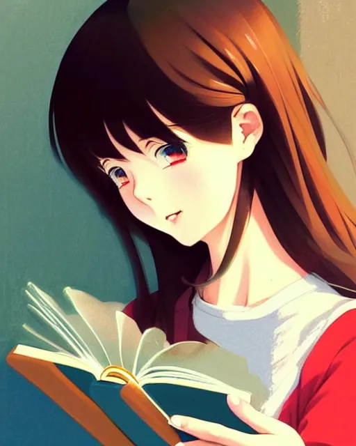 Image similar to cute girl reading book with her boyfriend, shy emotion. | very very anime!!!, fine - face, audrey plaza, realistic shaded perfect face, fine details. anime. very strong realistic shaded lighting poster by ilya kuvshinov katsuhiro otomo ghost, magali villeneuve, artgerm, jeremy lipkin and michael garmash and rob rey