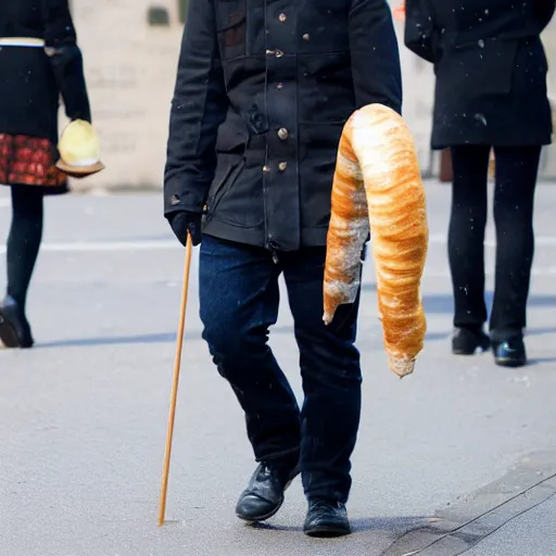 Prompt: Shiba Inu in a beret walks down the streets of Paris, carrying a baguette