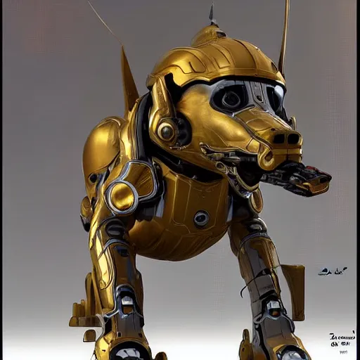 Prompt: cybernetic dog wth golden armor, hard surface, matte painting by jama jurabaev and greg rutkowsky,