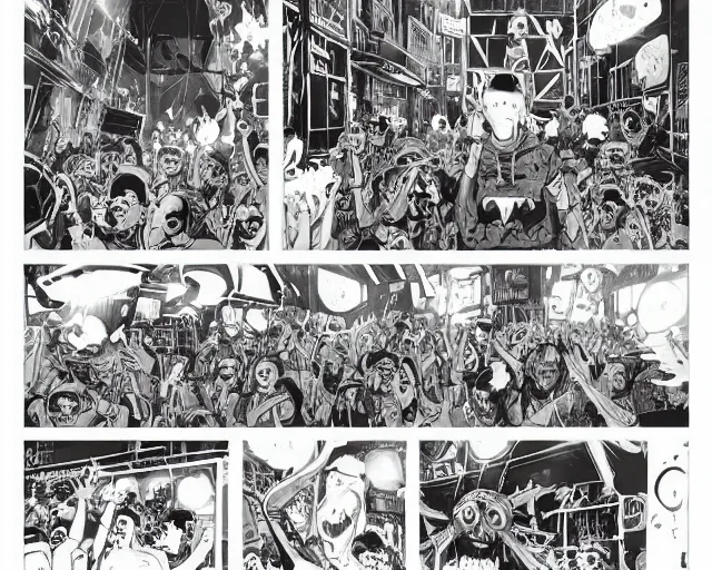 Image similar to a study of cell shaded cartoon of zombies raving in a nightclub, illustration, wide shot, subtle colors, post grunge, concept art by josan gonzales and wlop, by james jean, Victo ngai, David Rubín, Mike Mignola, Laurie Greasley, highly detailed, sharp focus, alien, Trending on Artstation, HQ, deviantart, art by artgem