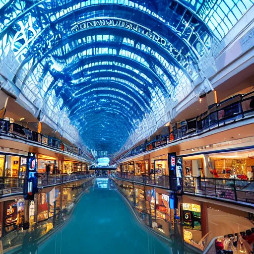 Prompt: photo of inside a shopping mall the inside is flooded with over 2 0 meters depth of clear beautiful water, highly detailed.