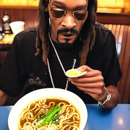 Image similar to Snoop Dog eating ramen in a restaurant