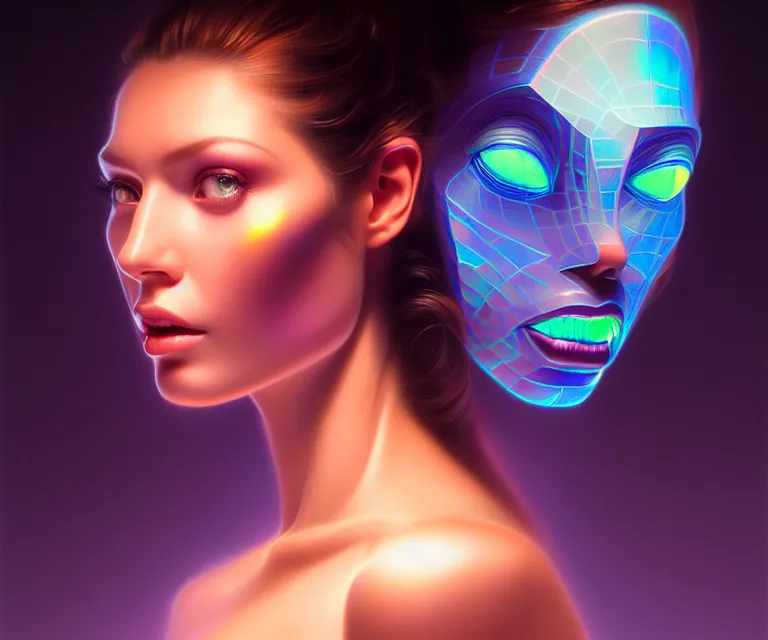 Prompt: beauty woman with detailed faces, in holograms of alien artifacts, electrical case display, total recall tech, , ultrarealistic, dramatic lighting, electrical details, high details, 4k, 8k, best, accurate, trending on artstation, artstation, photorealism, ultrarealistic, digital painting, style of Peter Mohrbacher, Caravaggio, Boris Vallejo