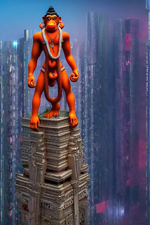 Image similar to high quality 3 d cyberpunk biomorphic hanuman! head building in the middle of mumbai!!, highly detailed, cinematic smooth, stephen shore & john j. park, soft morning light, wide shot, high angle, uhd 8 k, sharp focus