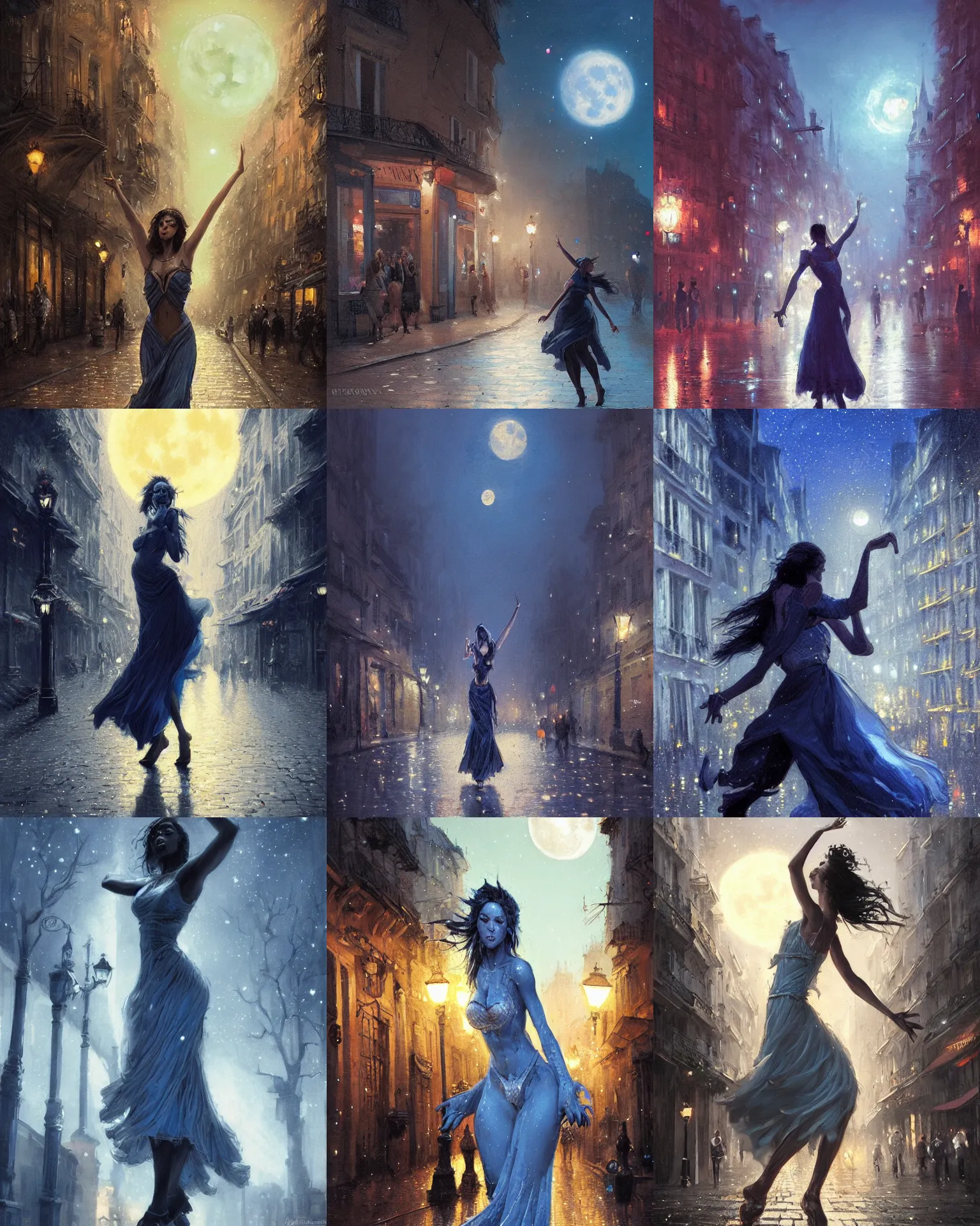 Prompt: portrait of a person passionately dancing in a street in paris at night, blue moonlight, giant moon, by Artgem and greg rutkowski, fantasy, intricate, elegant, digital painting, concept art, romantic, trending on artstation