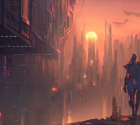 Image similar to cyberpunk fantasy world with beautiful sunse, amazing digital art, trending on artstation