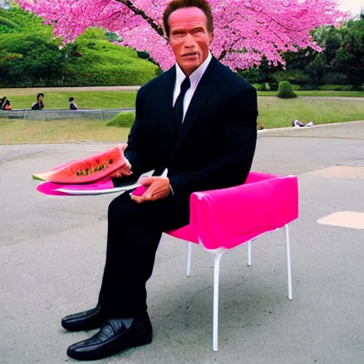 Image similar to photo, arnold schwarzenegger eats watermelon, japanese kimono, high heels, under sakura tree, camera on face