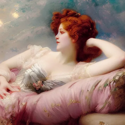 Prompt: blonde beautiful sleeping princess by Franz Xaver Winterhalter and Delphin Enjolras and Rebecca Guay