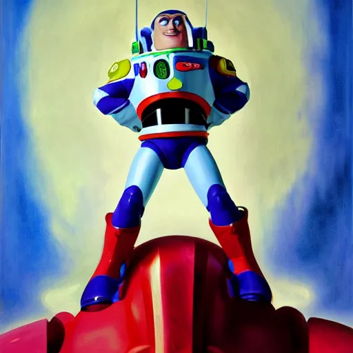 Image similar to painting of studio portrait of buzz lightyear. in a red communist space suit with communist symbols. symmetry. depth of field. intricate details. 8 k. cinematic light. vintage style. trending on artstation. art by john singer sargent - adolphe bouguereau - ralph mc quarrie.