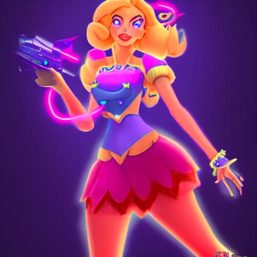 Image similar to Princess peach mixed with jinx from league of legends, background with neon lighting, trending on artstation, by Joe Benitez, WLOP, Alessandro Barbucci, Barbara Canepa