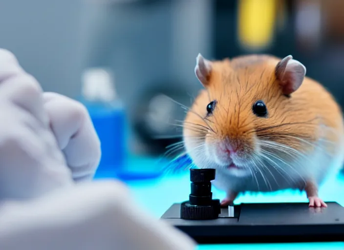 Image similar to film still of a hamster working in a research lab using a tiny microscope, 8 k