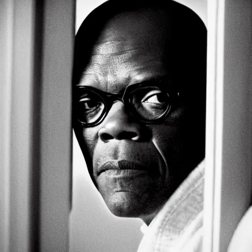 Image similar to a cinematic film still of Samuel L. Jackson starring in The Shining, portrait, 40mm lens, shallow depth of field, close up, split lighting, cinematic