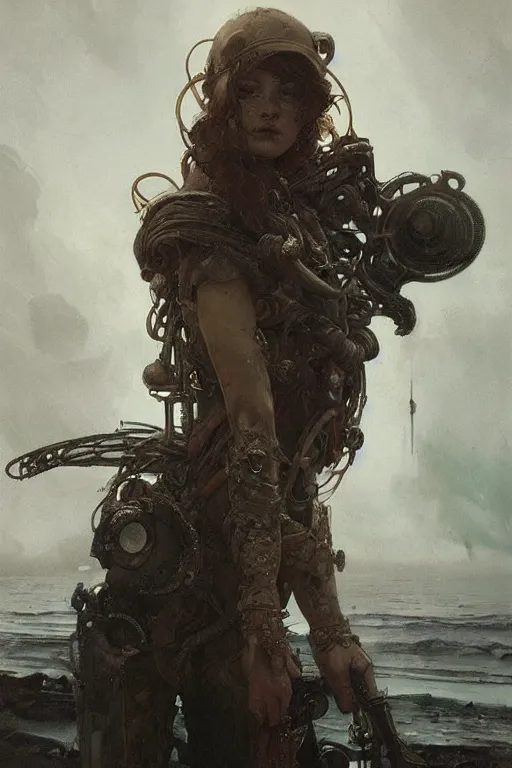 Image similar to A full portrait of a beautiful post apocalyptic deep sea fisherman, intricate, elegant, highly detailed, digital painting, artstation, concept art, smooth, sharp focus, illustration, art by Krenz Cushart and Artem Demura and alphonse mucha