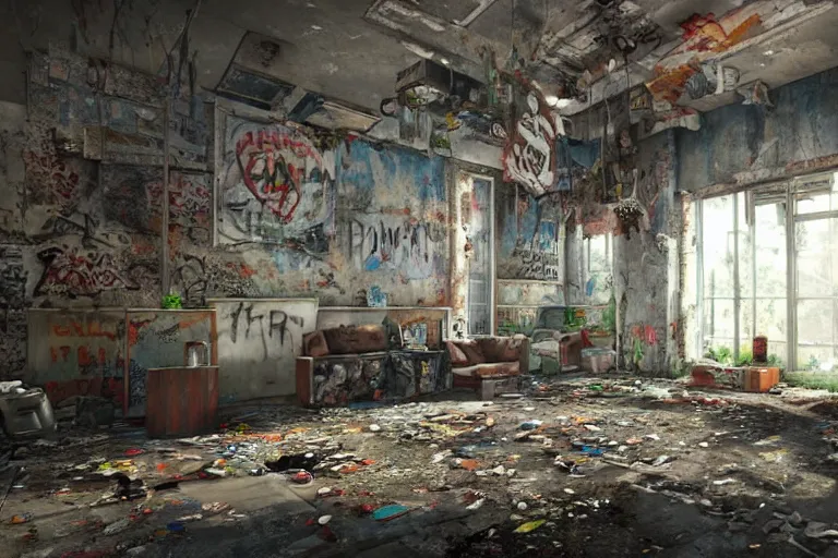 Prompt: perspective shot of a grungy derelict georgian manor interior with colourful graffiti on the walls and garbage scattered on the floor, reclaimed by nature in the style of last of us, trending on cgsociety, high detail, cinematic lighting, 8k, rendered in unreal engine