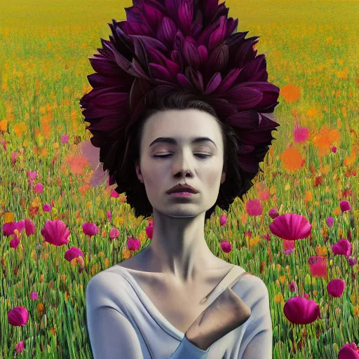 Image similar to huge flower as head, woman walking in a field, surreal, flat light, painting, digital painting, artstation, georgia o'keeffe