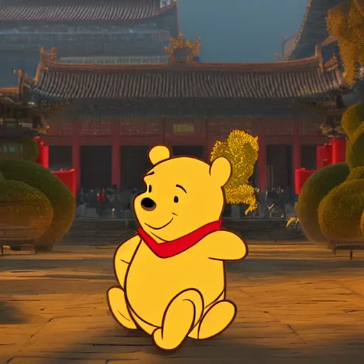 Image similar to winnie the pooh explores the forbidden city in china, award winning photgraphy, extremely detailed artstation 8 k sensual lighting epic composition