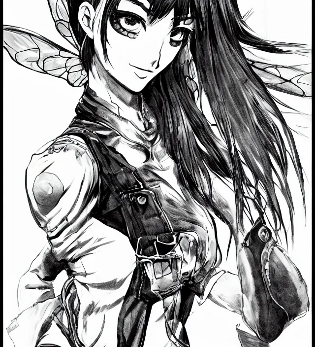 Image similar to hd manga anime portrait of a fairy girl in combat boots and overalls, in ishikawa ken frank miller jim lee alex ross style detailed trending award winning on flickr artstation,