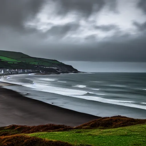 Prompt: the town of aberystwyth with stormy sea, ultrarealism, photorealism, 8 k, wide angle