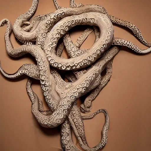 Image similar to cardboard cutout of tentacles, cut out of corrugated cardboard, realistic, cardboard cutout, flat, hyperrealistic photography