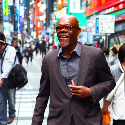 Prompt: a photo of samuel l jackson walking around akihabara wearing anime merchandise, high detail, 4 k, detailed