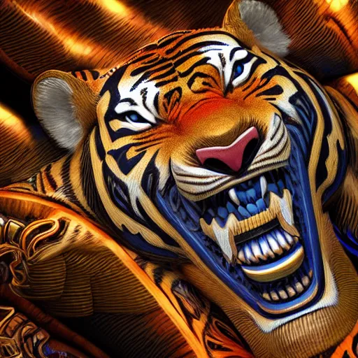 Image similar to 3 d breathtaking cool beautiful mayan ornate biomechanical coloured tiger, isometric perspective, 8 k octane render