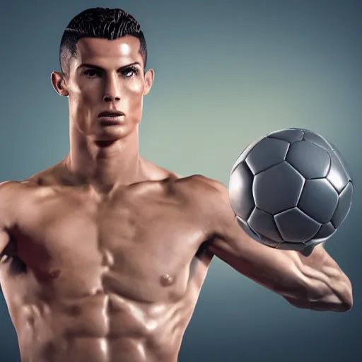 Prompt: a realistic detailed photo of a guy who is an attractive humanoid who is half robot and half humanoid, who is a male android, soccer player cristiano ronaldo, shiny skin, posing like a statue, blank stare, in a living room, on display, showing off his muscles