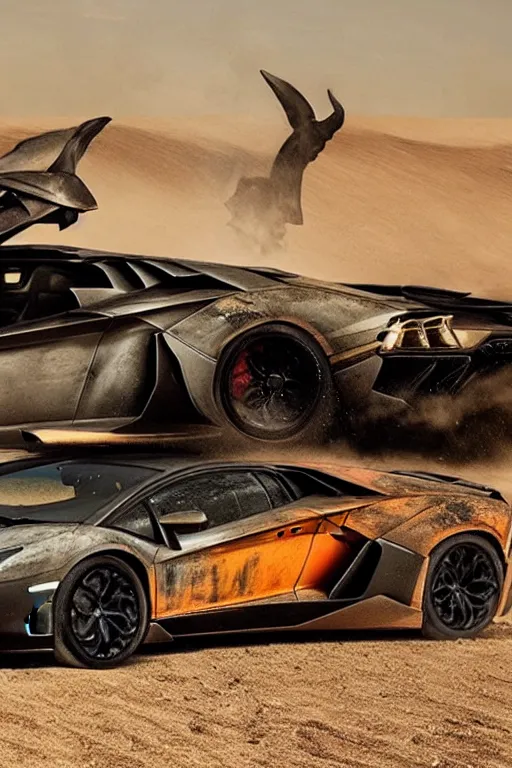 Prompt: Lamborghini Aventador in Mad Max Fury Road.