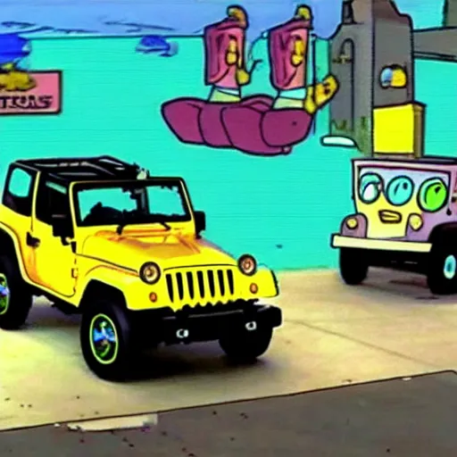 Image similar to cctv footage of spongebob stealing a jeep wrangler, high quality, high resolution