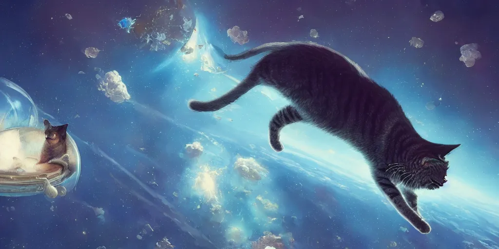 Image similar to cat high in space, Moebius, Greg Rutkowski, Zabrocki, Karlkka, Jayison Devadas, Phuoc Quan, trending on Artstation, 8K, ultra wide angle, zenith view, pincushion lens effect