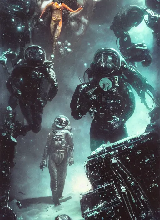 Image similar to astronauts in dark void underwater - complex and hyperdetailed technical suit. reflection and dispersion materials. rays and dispersion of light. volumetric light. f / 3 2. noise film photo. flash photography. ultra realistic, wide angle. poster by wayne barlowe, hajime sorayama aaron horkey, craig mullins