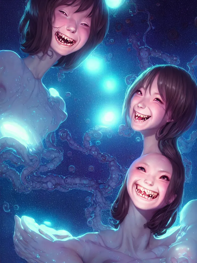 Image similar to azathoth girl smiling so happily, dress made out milky way, occlusion shadow, specular reflection, rim light, unreal engine, artgerm, artstation, art by hiroaki samura and ilya kuvshinov and ossdraws, intricate, highly detailed 8 k, cosmic horror illustration, extremely beautiful and aesthetic shape of face and body