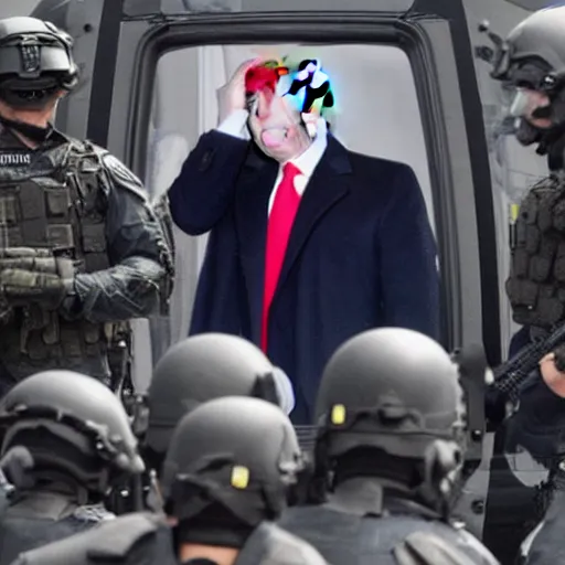 Image similar to donald trump, head in hands, swat team raid background,