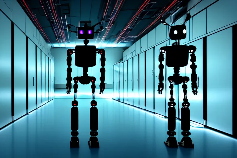 Image similar to full body robot with human mask on wheels, background data server room, neon and dark, illumination ray tracing hdr render in i am robot movie shot