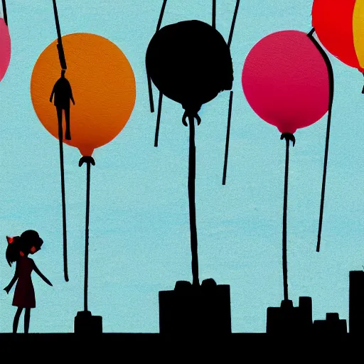 Prompt: a girl holding a balloon at a fairground. buildings with graffiti. silhouette. in the style of simon stalenhag